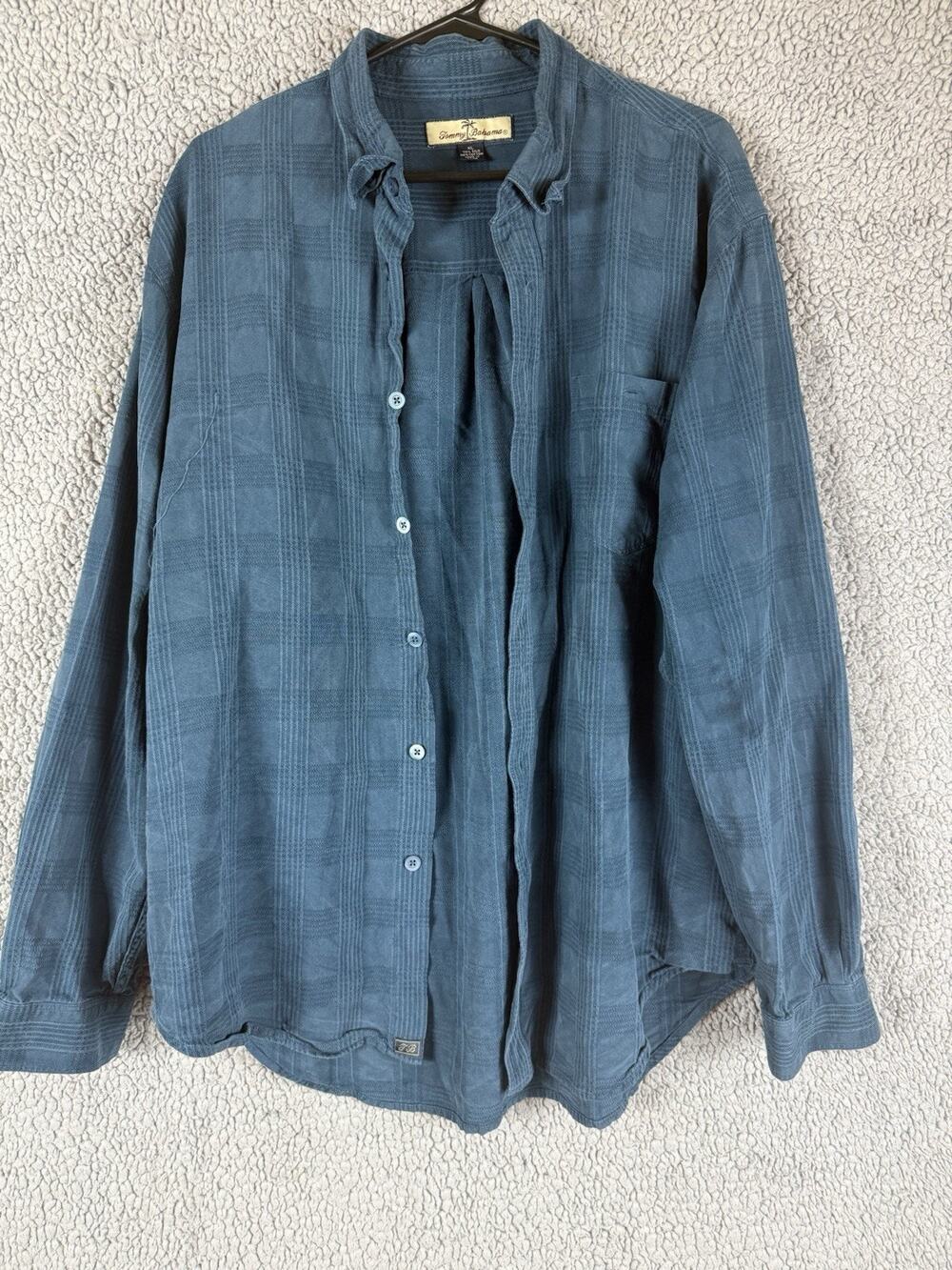 Tommy Bahama Mens XL Cotton Silk Shirt Blue Plaid Check Long Sleeve Button Up